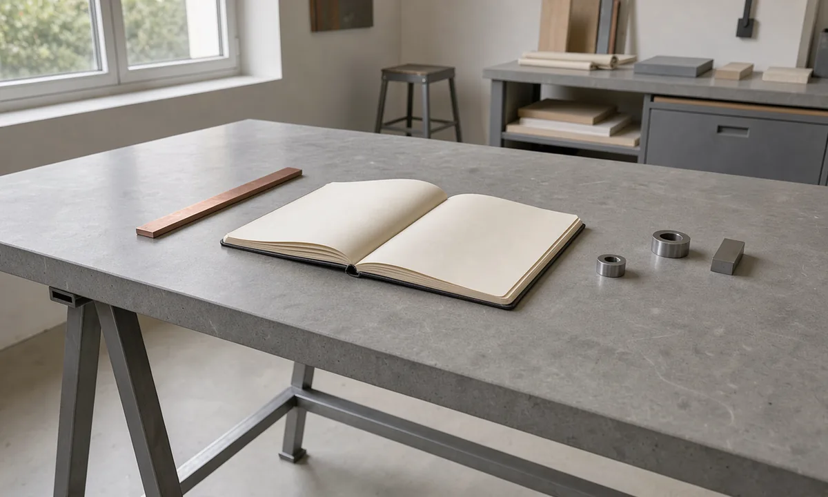 A quiet reference workbench with an open blank notebook, copper ruler and clean steel parts