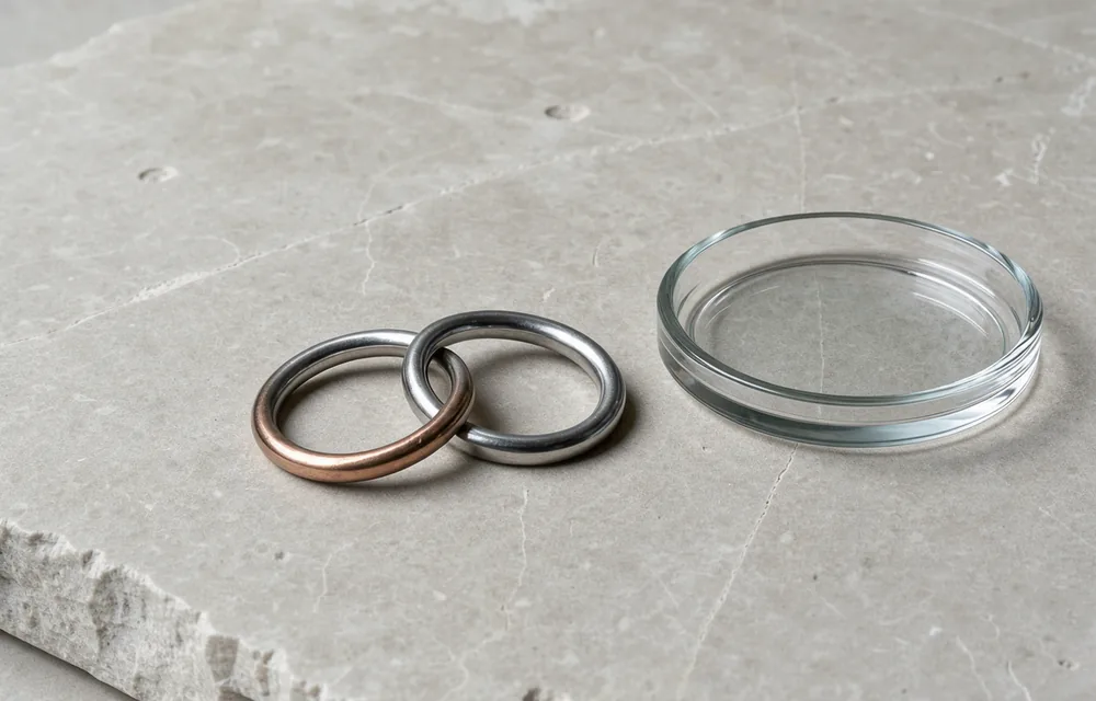 Two small joined steel loops resting beside a clear glass dish on light stone