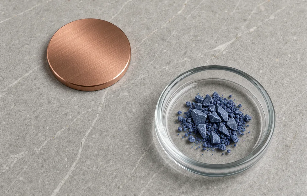 A copper disc beside a glass dish containing a small blue crystalline sample
