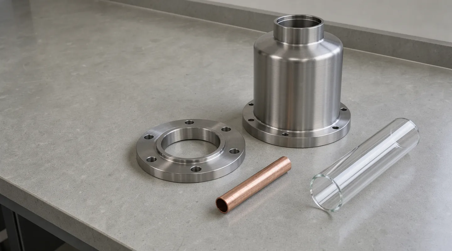 Unbranded steel process components and a clear glass vessel arranged on a pale stone workbench