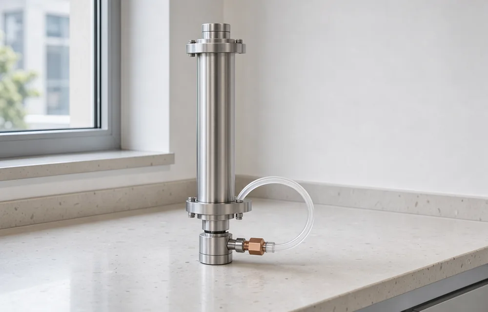 An unbranded stainless chromatography column with a simple loop of translucent tubing