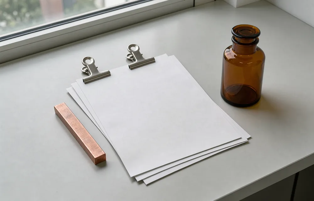 Blank record sheets, unmarked metal clips and a closed amber glass container on a pale desk