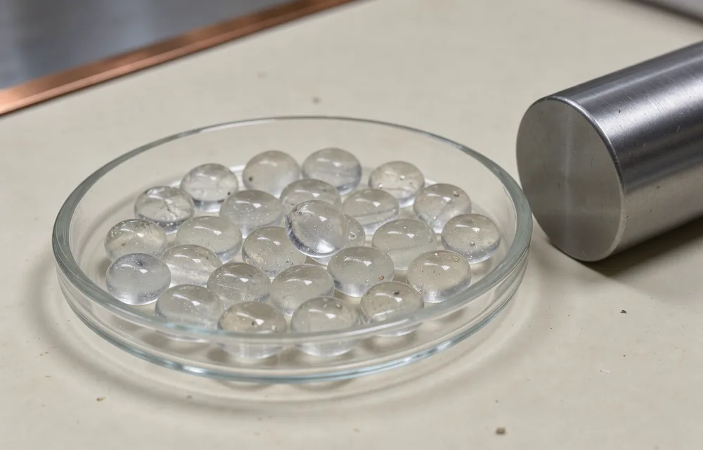 Translucent resin beads in an unmarked glass dish beside a brushed steel support