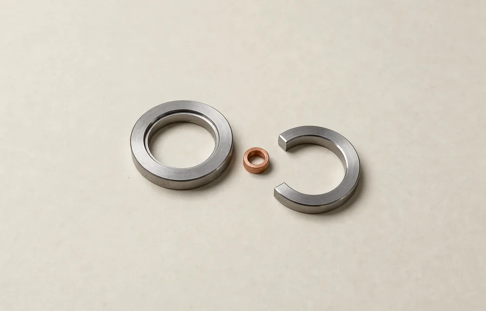 A circular machined steel component and an open retaining ring on bone-coloured paper