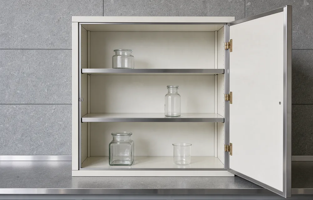 The clean shelves and unmarked glassware of a light-coloured laboratory storage cabinet